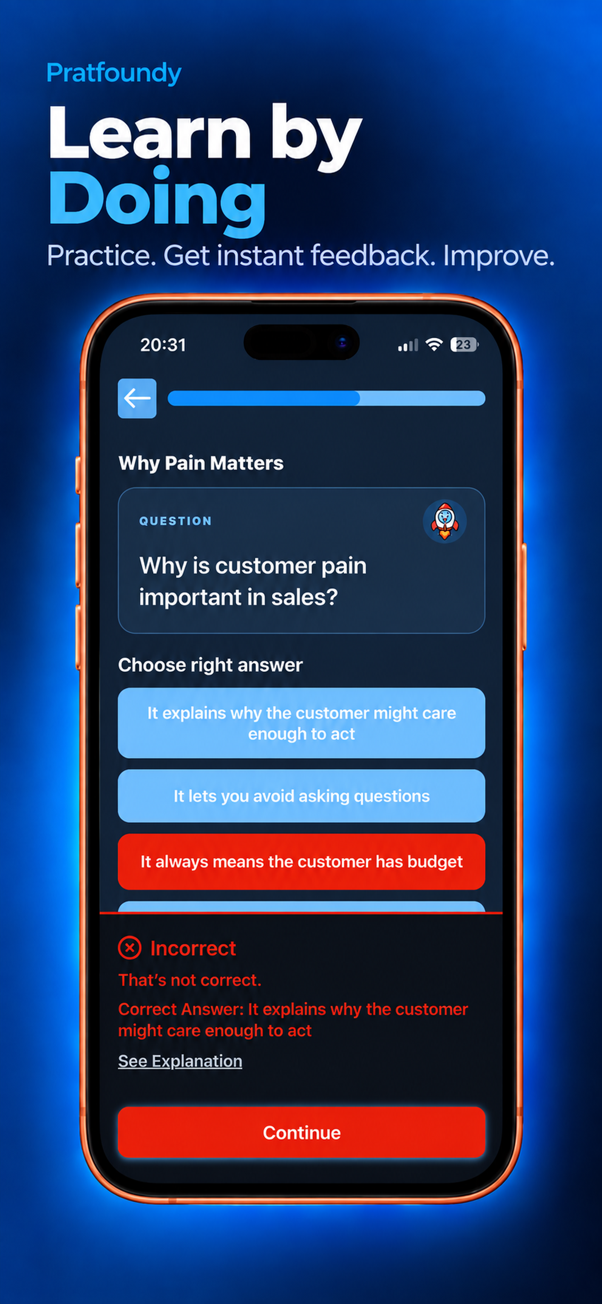 Pratfoundy Why Pain Matters lesson with an explanation of the correct answer