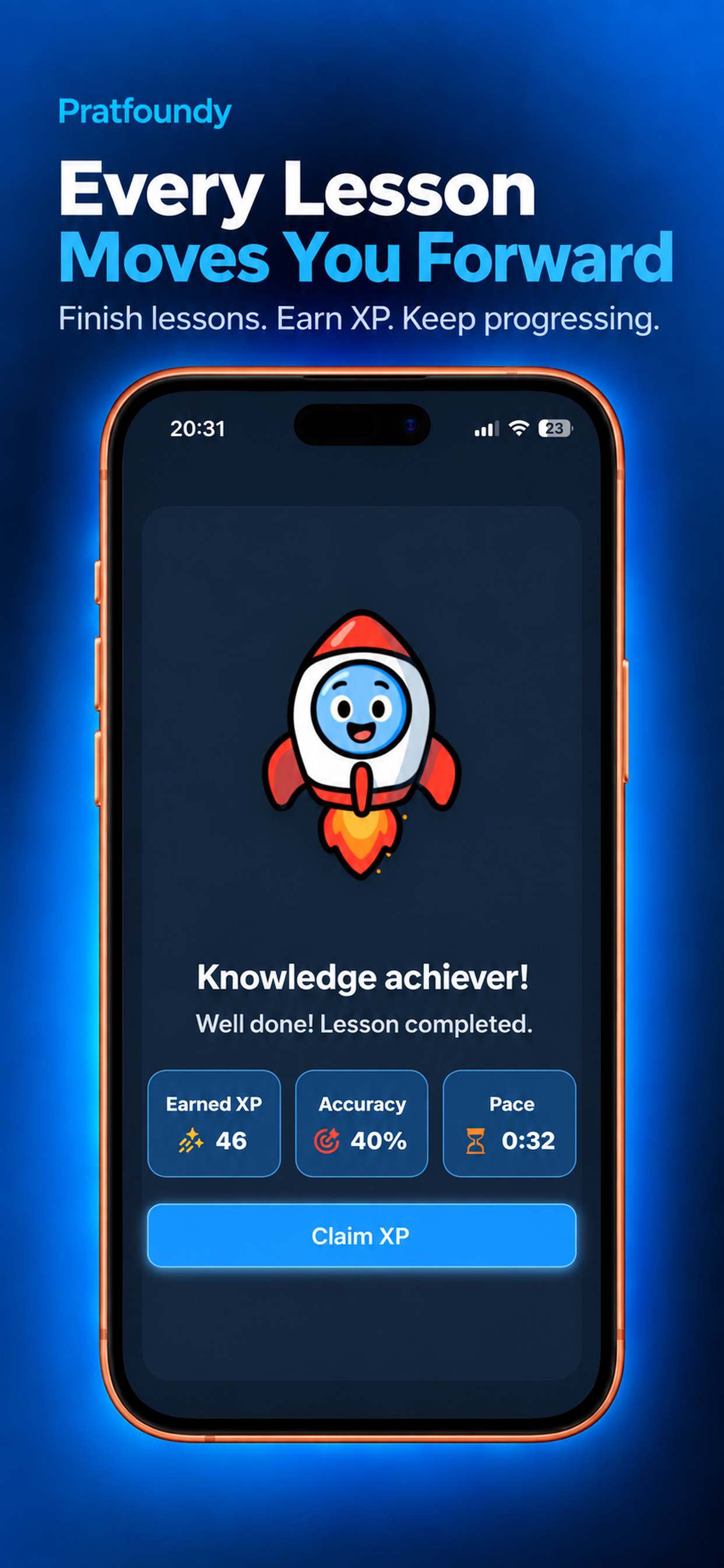 A Pratfoundy lesson result screen with earned XP, accuracy and pace